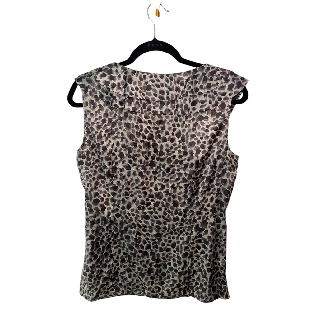 Ann Taylor Leopard Print Ruffle Silk Blend Mobwife Old Money Grey Black M - Picture 4 of 8